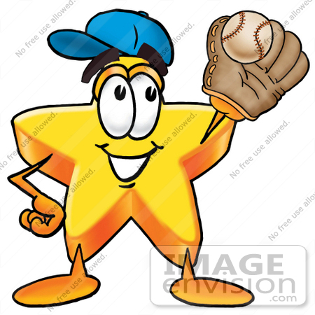 #28143 Clip Art Graphic of a Yellow Star Cartoon Character Catching a Baseball With a Glove by toons4biz