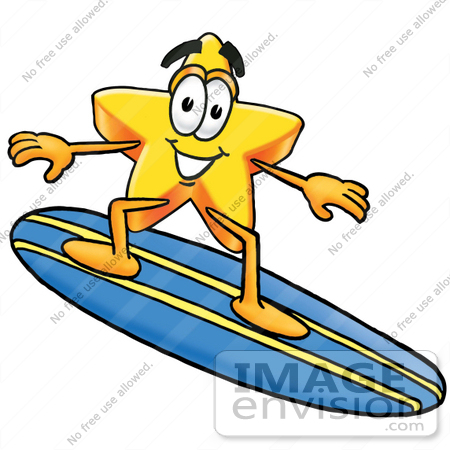 #28149 Clip Art Graphic of a Yellow Star Cartoon Character Surfing on a Blue and Yellow Surfboard by toons4biz