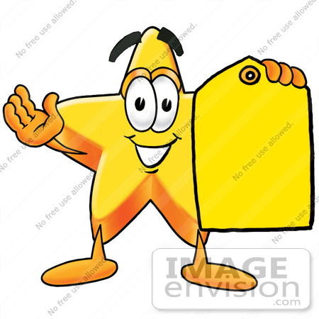 #28152 Clip Art Graphic of a Yellow Star Cartoon Character Holding a Blank Yellow Sales Price Tag by toons4biz