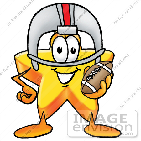 #28155 Clip Art Graphic of a Yellow Star Cartoon Character in a Helmet, Holding a Football by toons4biz