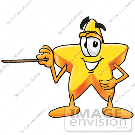 #28158 Clip Art Graphic of a Yellow Star Cartoon Character Holding a Pointer Stick by toons4biz