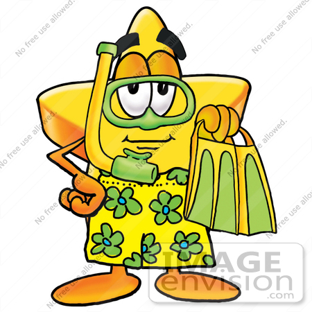 #28165 Clip Art Graphic of a Yellow Star Cartoon Character in Green and Yellow Snorkel Gear by toons4biz
