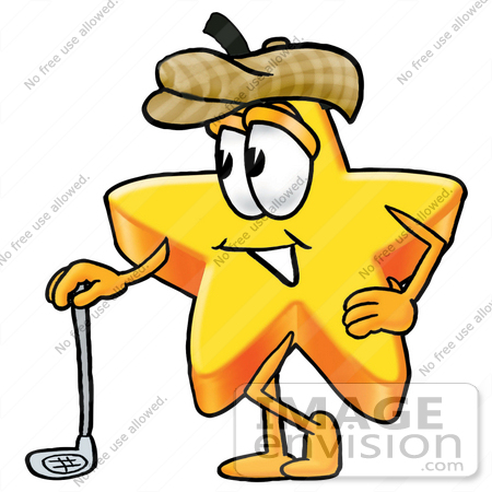 #28167 Clip Art Graphic of a Yellow Star Cartoon Character Leaning on a Golf Club While Golfing by toons4biz