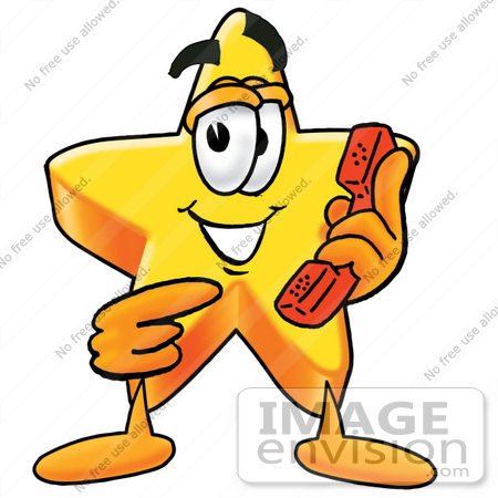 #28169 Clip Art Graphic of a Yellow Star Cartoon Character Holding a Phone by toons4biz