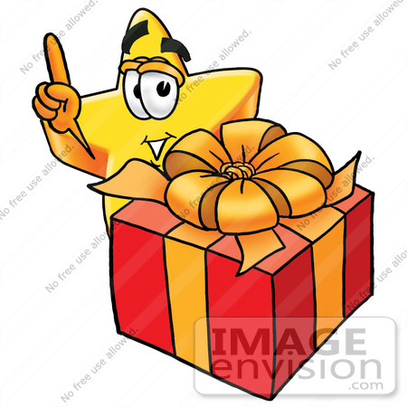 #28172 Clip Art Graphic of a Yellow Star Cartoon Character Standing by a Christmas Present by toons4biz