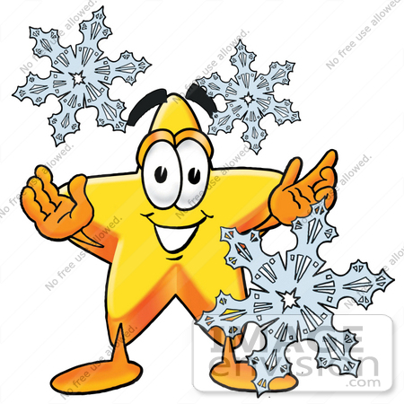 #28175 Clip Art Graphic of a Yellow Star Cartoon Character With Three Snowflakes in Winter by toons4biz