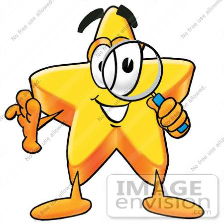 #28176 Clip Art Graphic of a Yellow Star Cartoon Character Looking Through a Magnifying Glass by toons4biz