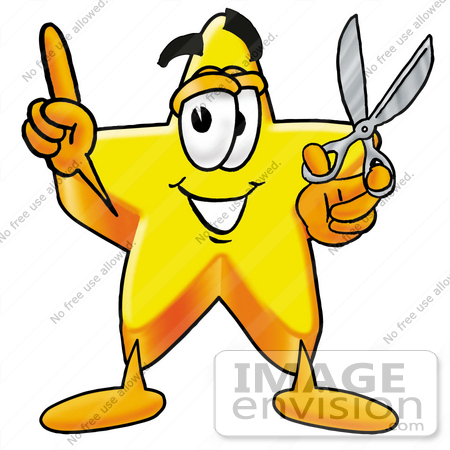 #28182 Clip Art Graphic of a Yellow Star Cartoon Character Holding a Pair of Scissors by toons4biz