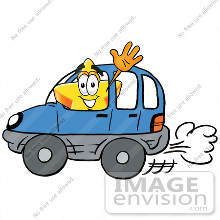 #28185 Clip Art Graphic of a Yellow Star Cartoon Character Driving a Blue Car and Waving by toons4biz