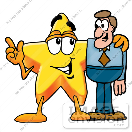 #28187 Clip Art Graphic of a Yellow Star Cartoon Character Talking to a Business Man by toons4biz