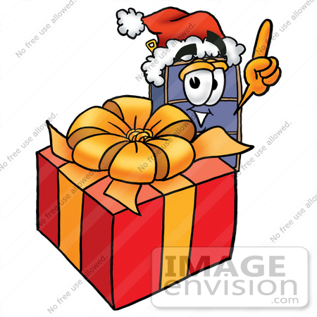 #28194 Clip Art Graphic of a Suitcase Luggage Cartoon Character Standing by a Christmas Present by toons4biz