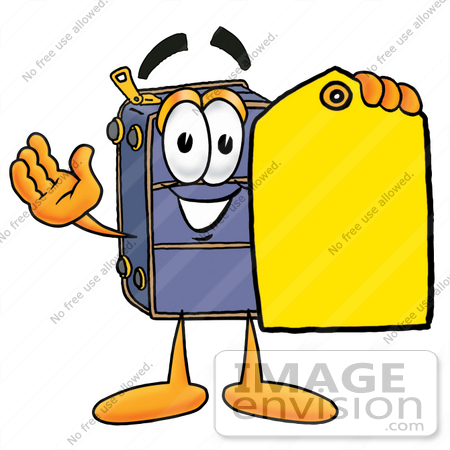 #28197 Clip Art Graphic of a Suitcase Luggage Cartoon Character Holding a Yellow Sales Price Tag by toons4biz