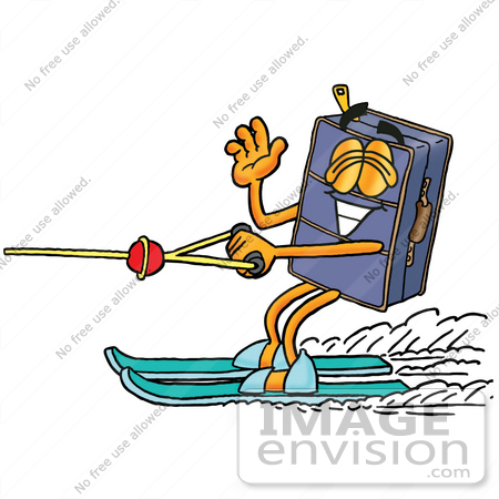 #28198 Clip Art Graphic of a Suitcase Luggage Cartoon Character Waving While Water Skiing by toons4biz