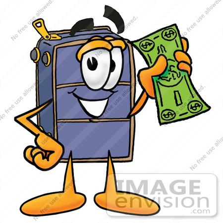 #28199 Clip Art Graphic of a Suitcase Luggage Cartoon Character Holding a Dollar Bill by toons4biz