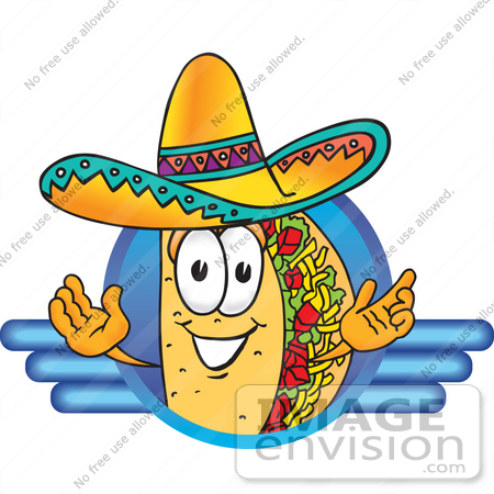 #28203 Clip Art Graphic of a Crunchy Hard Taco Character Wearing a Sombrero on a Blue Logo by toons4biz