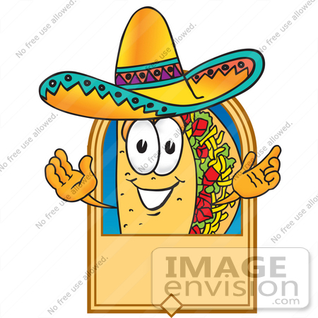 #28204 Clip Art Graphic of a Crunchy Hard Taco Character Wearing a Sombrero on a Blank Tan Label by toons4biz