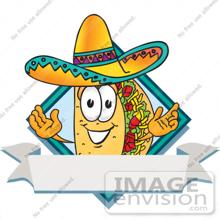 #28205 Clip Art Graphic of a Crunchy Hard Taco Character Wearing a Sombrero on a Blank Label Logo With a White Banner and Blue Diamond by toons4biz