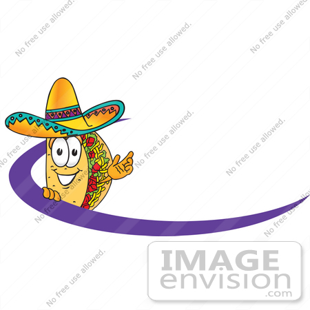 #28206 Clip Art Graphic of a Crunchy Hard Taco Character Wearing a Sombrero Standing Behind a Purple Dash on an Employee Nametag or Business Logo by toons4biz