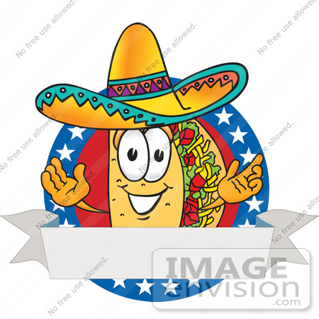 #28207 Clip Art Graphic of a Crunchy Hard Taco Character Wearing a Sombrero Over a Blank White Banner With a Red Background and Stars Over Blue on a Logo by toons4biz