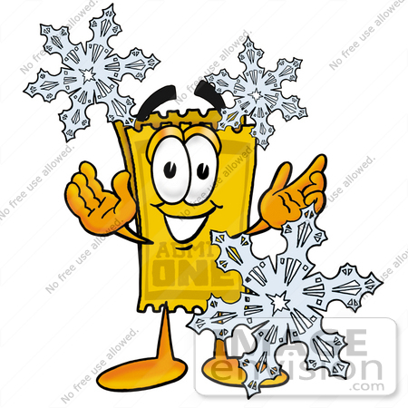 #28208 Clip Art Graphic of a Golden Admission Ticket Character With Three Snowflakes in Winter by toons4biz