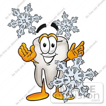 #28210 Clip Art Graphic of a Human Molar Tooth Character With Three Snowflakes in Winter by toons4biz