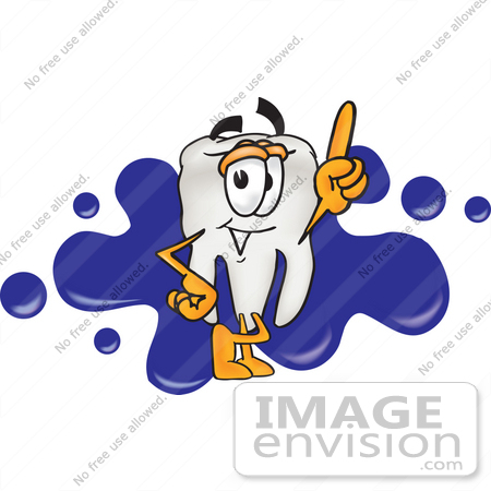 #28211 Clip Art Graphic of a Human Molar Tooth Character Pointing Upwards While Standing in Front of a Blue Paint Splatter on a Logo by toons4biz
