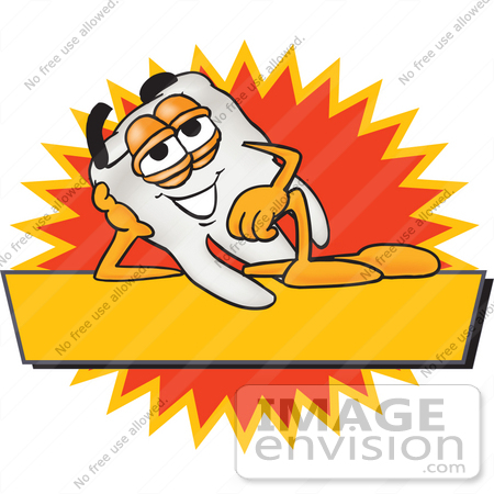 #28212 Clip Art Graphic of a Human Molar Tooth Character Reclining Over a Yellow Label With a Burst by toons4biz