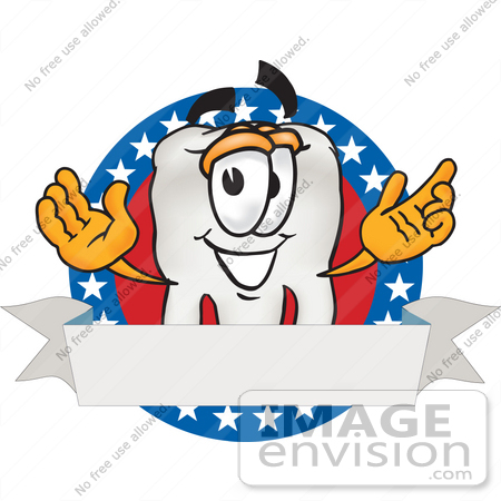 #28216 Clip Art Graphic of a Human Molar Tooth Character Over a Blank Banner With a Red Background and Stars Over Blue by toons4biz