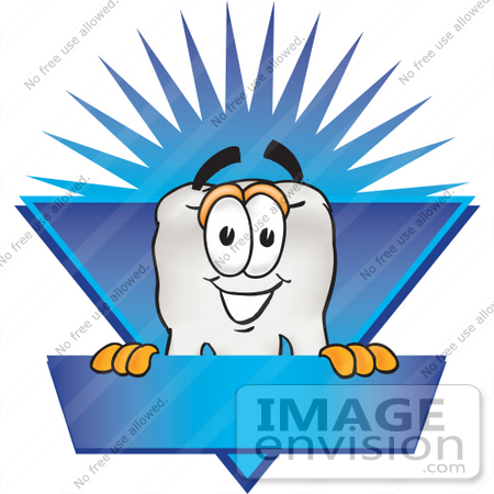 #28217 Clip Art Graphic of a Human Molar Tooth Character Over a Blank Blue Label With a Burst by toons4biz