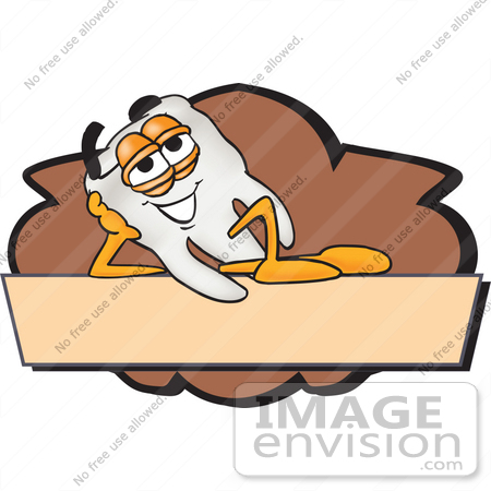 #28218 Clip Art Graphic of a Human Molar Tooth Character Reclining Over a Tan Label by toons4biz