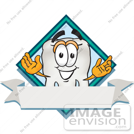 #28220 Clip Art Graphic of a Human Molar Tooth Character Over a Blank White Banner Label With a Blue Diamond by toons4biz