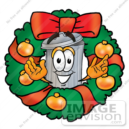 #28221 Clip Art Graphic of a Metal Trash Can Cartoon Character in the Center of a Christmas Wreath by toons4biz