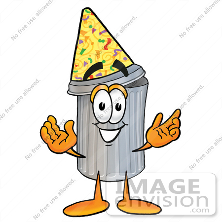 #28222 Clip Art Graphic of a Metal Trash Can Cartoon Character Wearing a Birthday Party Hat by toons4biz
