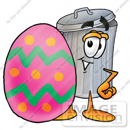 #28223 Clip Art Graphic of a Metal Trash Can Cartoon Character Standing Beside an Easter Egg by toons4biz
