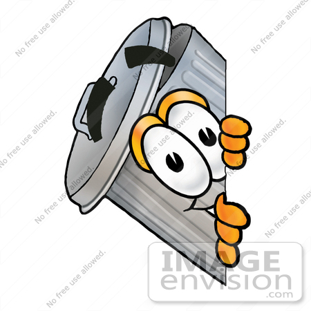 #28224 Clip Art Graphic of a Metal Trash Can Cartoon Character Peeking Around a Corner by toons4biz