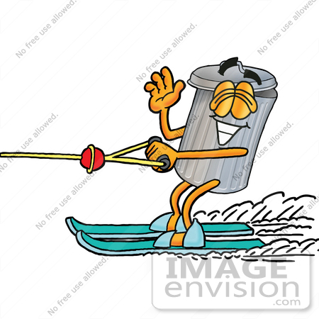 #28226 Clip Art Graphic of a Metal Trash Can Cartoon Character Waving While Water Skiing by toons4biz
