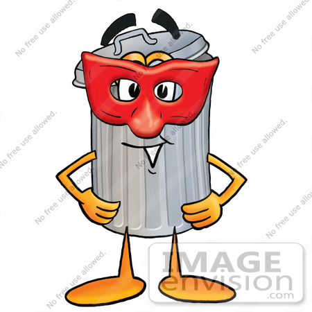 #28229 Clip Art Graphic of a Metal Trash Can Cartoon Character Wearing a Red Mask Over His Face by toons4biz
