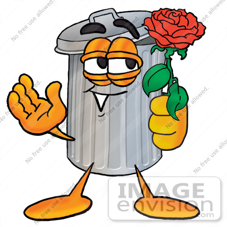 #28230 Clip Art Graphic of a Metal Trash Can Cartoon Character Holding a Red Rose on Valentines Day by toons4biz