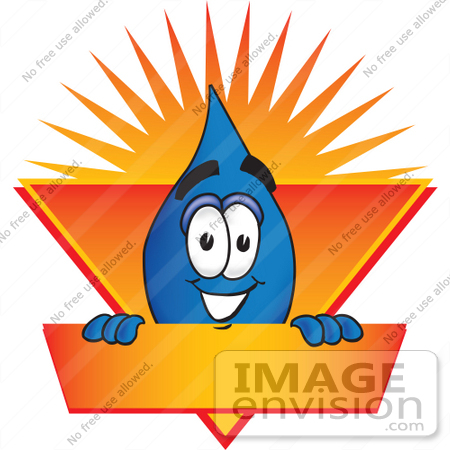 #28232 Clip Art Graphic of a Blue Waterdrop or Tear Character on a Blank Sunburst Label by toons4biz