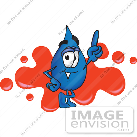 #28233 Clip Art Graphic of a Blue Waterdrop or Tear Character Pointing Upwards and Standing in Front of a Red Paint Splatter on a Logo by toons4biz