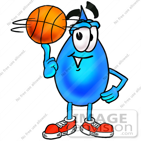 #28235 Clip Art Graphic of a Blue Waterdrop or Tear Character Spinning a Basketball on His Finger by toons4biz