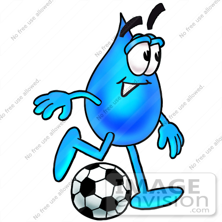 #28236 Clip Art Graphic of a Blue Waterdrop or Tear Character Kicking a Soccer Ball by toons4biz