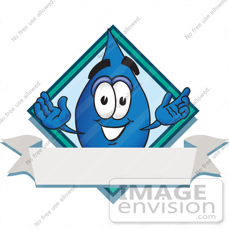 #28239 Clip Art Graphic of a Blue Waterdrop or Tear Character Over a Blank White Banner on a Label With a Diamond by toons4biz