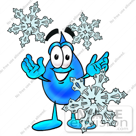 #28244 Clip Art Graphic of a Blue Waterdrop or Tear Character With Three Snowflakes in Winter by toons4biz