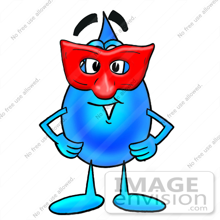 #28245 Clip Art Graphic of a Blue Waterdrop or Tear Character Wearing a Red Mask Over His Face by toons4biz