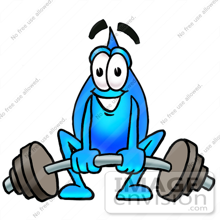 #28246 Clip Art Graphic of a Blue Waterdrop or Tear Character Lifting a Heavy Barbell by toons4biz