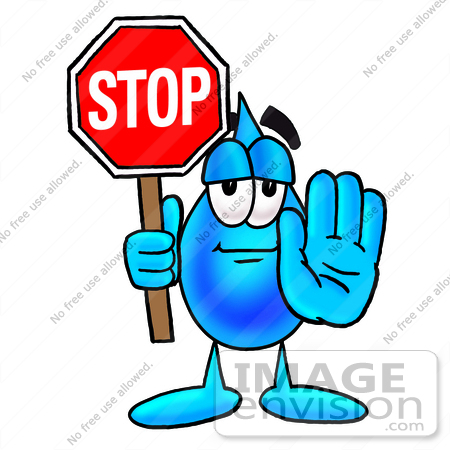 #28248 Clip Art Graphic of a Blue Waterdrop or Tear Character Holding a Stop Sign by toons4biz
