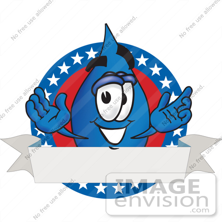 #28250 Clip Art Graphic of a Blue Waterdrop or Tear Character on an American Logo With a Blank Banner by toons4biz