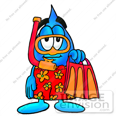 #28251 Clip Art Graphic of a Blue Waterdrop or Tear Character in Orange and Red Snorkel Gear by toons4biz