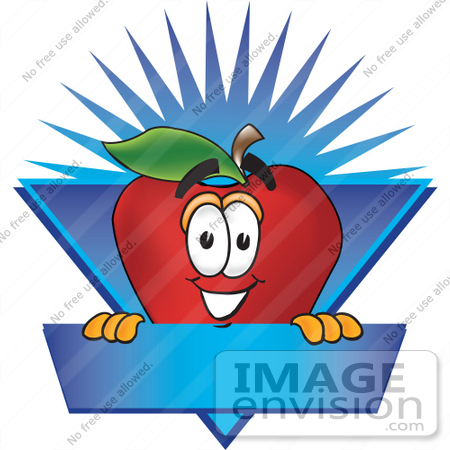 #28361 Clip art Graphic of a Red Apple Cartoon Character on a Blank Blue Label Logo by toons4biz